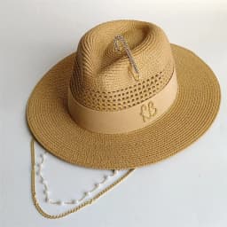 Cherry powder 2026 straw hat pearl chain DIY flat top sun hat new Korean elastic ribbon hat beach hat candy color sun hat