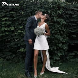 DREAM Customized Short Mini Satin V Neck Bridal Gown Large Bow Open Back Sleeveless Above Knee Length Wedding Party Dresses 2026
