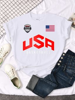 USA Basketball Flag logo Printed T-Shirts Women Summer Loose Fashion Short Sleeve O-Neck Casual Breathable Tops Tshirt Female