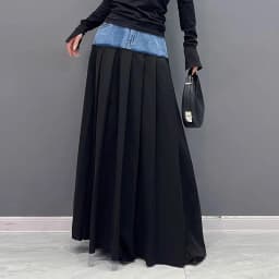 Y2k Pleated Skirt Women Long Skirts Denim Patchwork High Waist Washed Distressed Vintage Floor Length 2025 Streetwear A Line