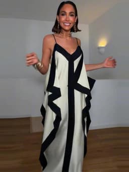 Contrast Black Trim Satin Maxi Dress Deep V Neck Loose Flowy Ruffle Hem Lady Long Gown 2026 Summer Formal Chic Vacation Dresses