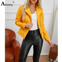 Yellow Red Faux Pu Leather Jackets 2025 Spring Autumn Fashion Zip up Top Outerwear Lady Basic Coats Plus Size Female Jackets New