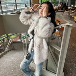 Winter Women Gradient White With Black Tips Long Hairy Shaggy Fox Faux Fur Coat Lapel Collar Midi Long Straight Shaggy Outerwear