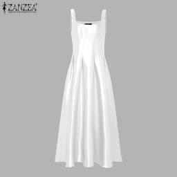 ZANZEA Women's Silky Satin Wedding Guest White Maxi Dress Elegant Square Neck Sleeveless Evening Gown Graceful Party Robes Femme