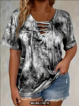 Plus size tie-dye printed short-sleeved T-shirt elegant lace-up hanging collar design top spring and summer casual style