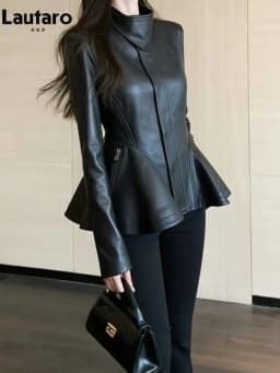 Lautaro Spring Autumn Cool Black Retro Soft Pu Leather Jackets for Women Zipper Stand Collar Elegant Luxury Designer Clothes