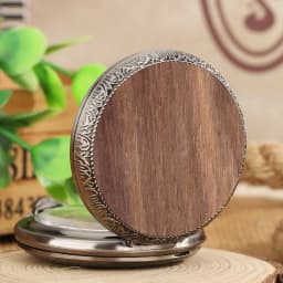 Walnut/Beech Wood Slice Decor Quartz Pocket Watch Grey Black Alloy Metal Watch Case Arabic Numerals Dial Pendant Necklace Watch