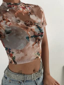 Angel Print Mesh Sexy T Shirt Crop Top High Neck Short Sleeve Graphic Tees Women Streetwear Harajuku Shirts Hot Sale