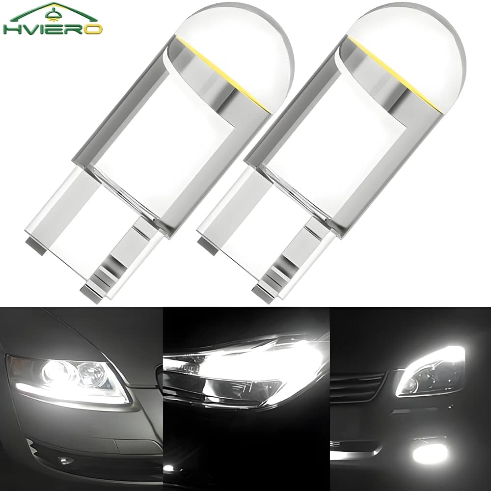 2PCS W5W 194 T10 Glass Housing Cob LED Home Bulb 6000K Wedge License Plate Lamp Dome Light White Diedo Auto Interior Read 12V DC