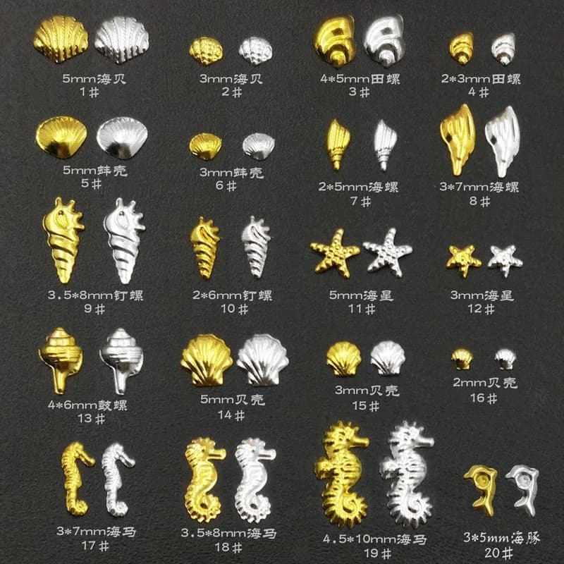 100Pcs Sea Seires Nail Art Rhinestones Shell Starfish Seahorse Multishapes Gold Silver Metal Rivet Charms For Acrylic Nails
