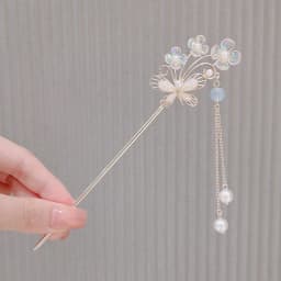 Womens Crystal Hair Clasp Flowers Shape Design Y2K Silver Step Shake Hanfu Hair Stick with Tassel Headwear Hairpins Jewelry