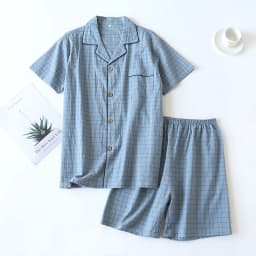 Summer New Couple Pajamas Two-piece Men's Plaid Short-sleeved Shorts 100% Cotton Gauze Ladies Simple Home Service Set Sleepwear