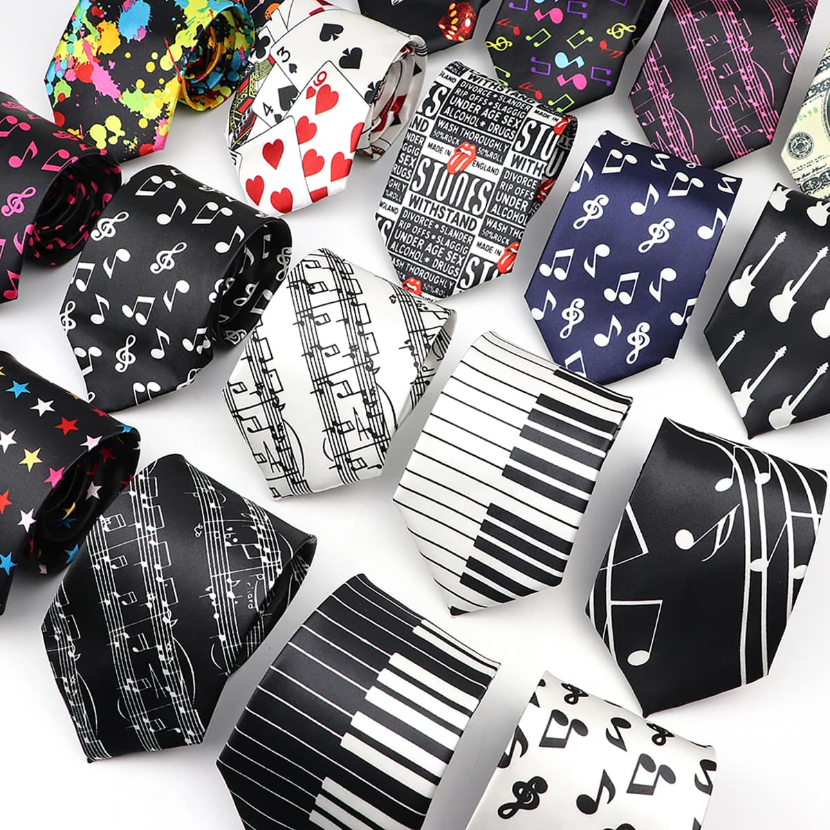 Hot Classic Men's Music Tie Piano Guitar Musical Notes Star Poker Necktie Smooth Soft Black Wihte Novelty Accessories Ties Gift