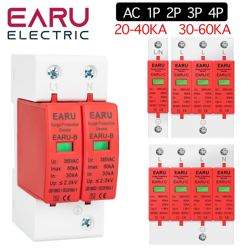 EARU AC 385V SPD 1P 2P 3P 4P 20KA 30KA 40KA 60KA House Lightning Surge Protector Protective Solar PV Low-Voltage Arrester Device