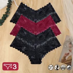 3PCS Women Sexy Lace Panties Floral Perspective Uderwear Solid Color Intimates Boyshort Female V-Waist Breathablle Soft Lingerie