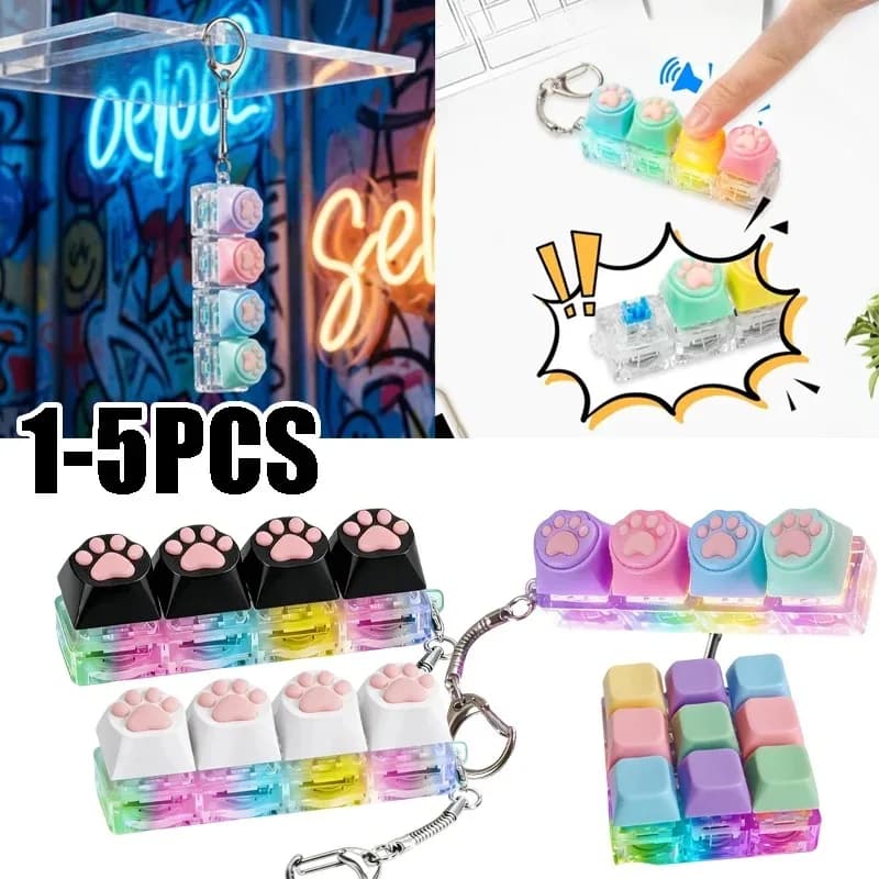 Cute Cat Paw Clicker Keychain LED Light Glowing Fidget Toy Stress Relief Portable Keyboard Style Button