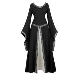 Women Medieval Renaissance Trumpet Sleeve Retro Loor Length Gown Lace Trim Irish Over Long Dress Halloween Costume Plus Size