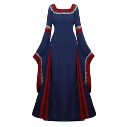 Women Medieval Renaissance Trumpet Sleeve Retro Loor Length Gown Lace Trim Irish Over Long Dress Halloween Costume Plus Size