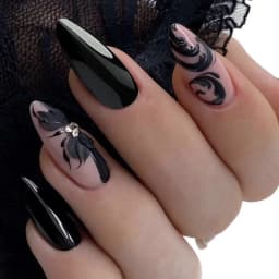 24Pc False Nails with Glue Almond Black Red Gradient Design Detachable Rhinestone Acrylic Fake Nail Long Stiletto Press on Nails