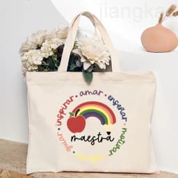 Maestra Spanish Heart Print Tote Bag Women Shoulder Bag Teacher Life Shopping Bag Teacher's Day Back To School Gift for Teachers