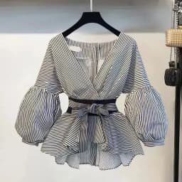 Women Elegant V-Neck Stripe Lantern Sleeve Bow Belt Trend Slim Chiffon Shirt Top And Korean Ripped Jeans Office Lady Casual Suit