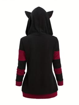 2024 European and American Fashion Women's New Thick Cat Ears in Autumn and Winter Long Color Matching Hooded Sweater Coat