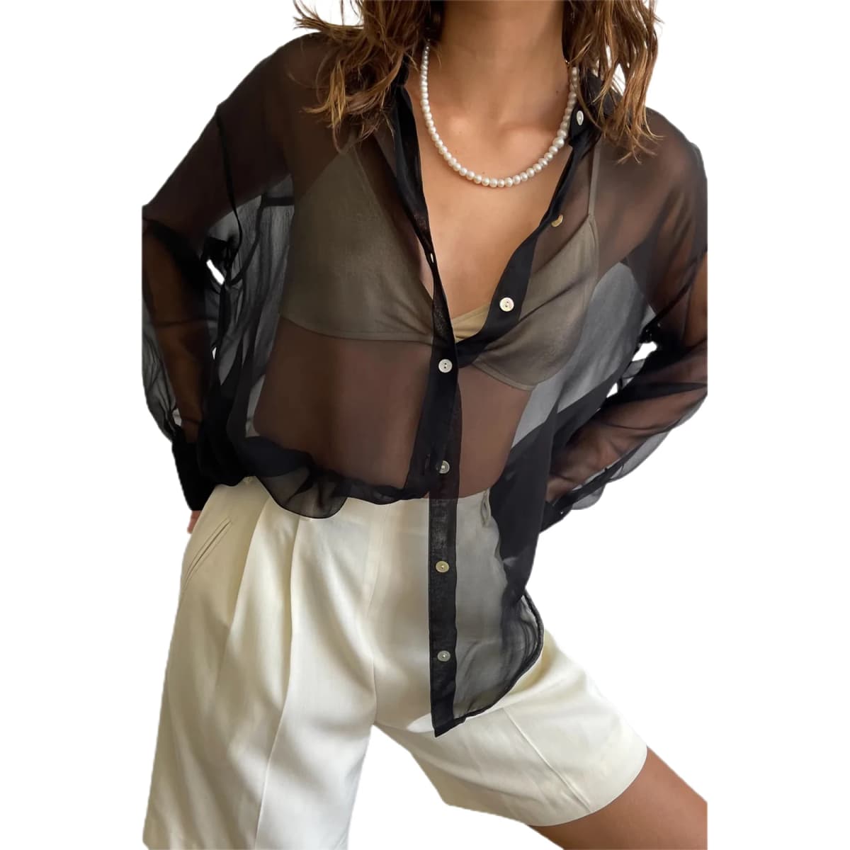 Women's Casual Daily Commuting Shirt Tops See-through Chiffon Comfortable Lapel Long Sleeve Shirt Tops