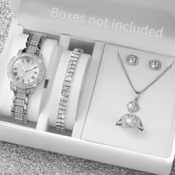 6PCS Fashion Full Diamond Women's Watch Gold Steel Band Analog Quartz Watches Jewelry Set(Without Box)