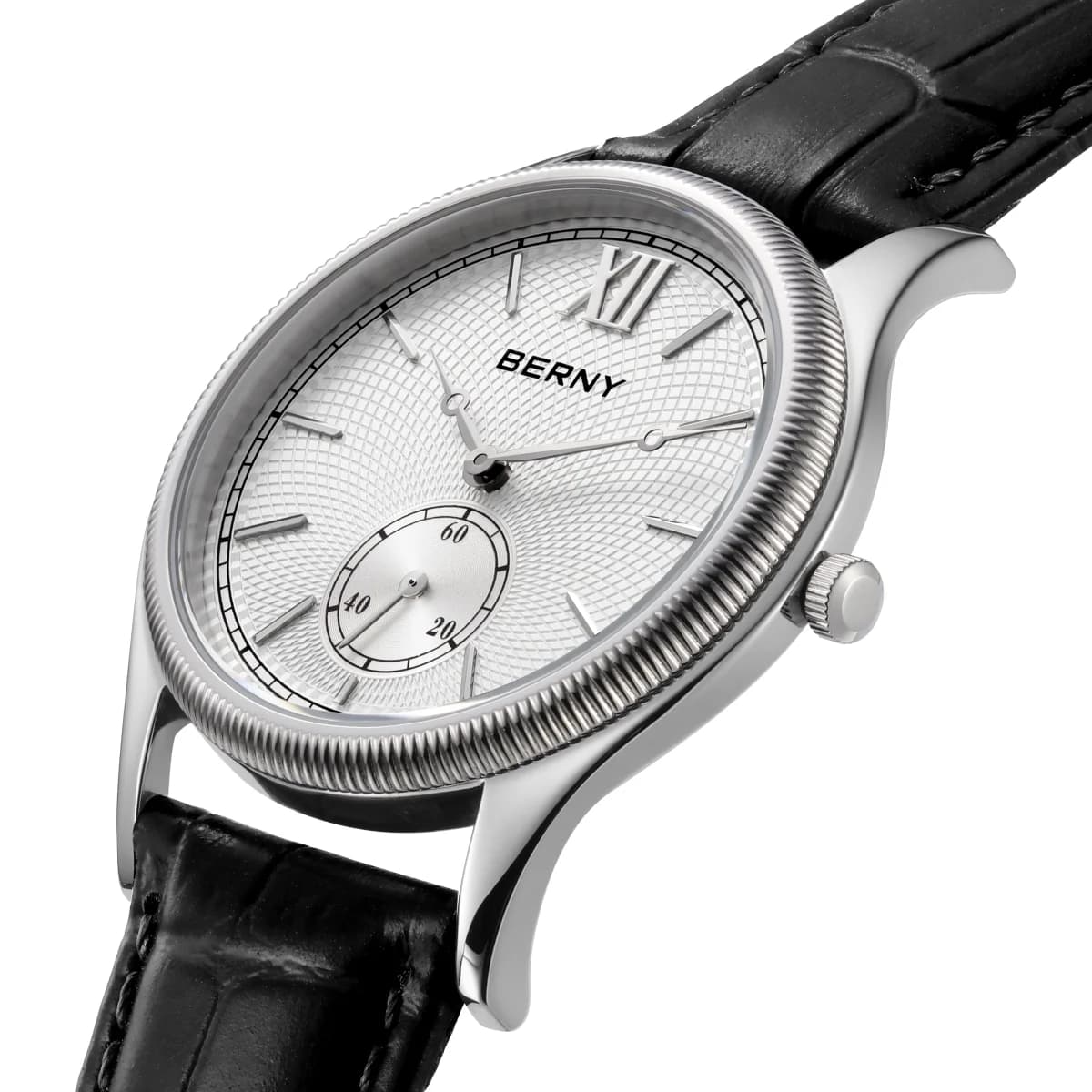 BERNY Men's Watches Luxury Classic Stylish Dress Quartz Watch Slim Stainless Steel Case Elegance Leather Strap Wristwatch