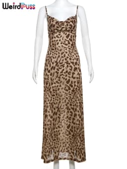 Weird Puss Leopard Print Dress Woman Summer Sexy Swing Collar Spaghetti Straps Backless Ruffles Party Clubwear Skinny Vestidos