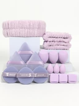 18 Piece Headband Set. 1 Hair Band & 2 Wrist Bands & 3 Make-Up Sponges & 3 Mini Square Air Cushions & 3 Triangular Powder Puff &
