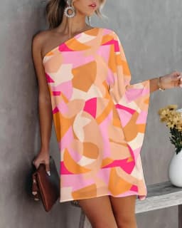 Summer Commuter Women's S-2XL Size Dress One Line Diagonal Neck Off Shoulder Solid Color and Printed Metal Strap Bat Sleeve