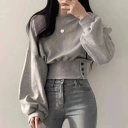 Autumn Women Solid O-Neck Slim Crop Top Lantern Sleeve With Button Sweat Casual Hip-Hop Sporty Pullover Sweet Chic Street Wear