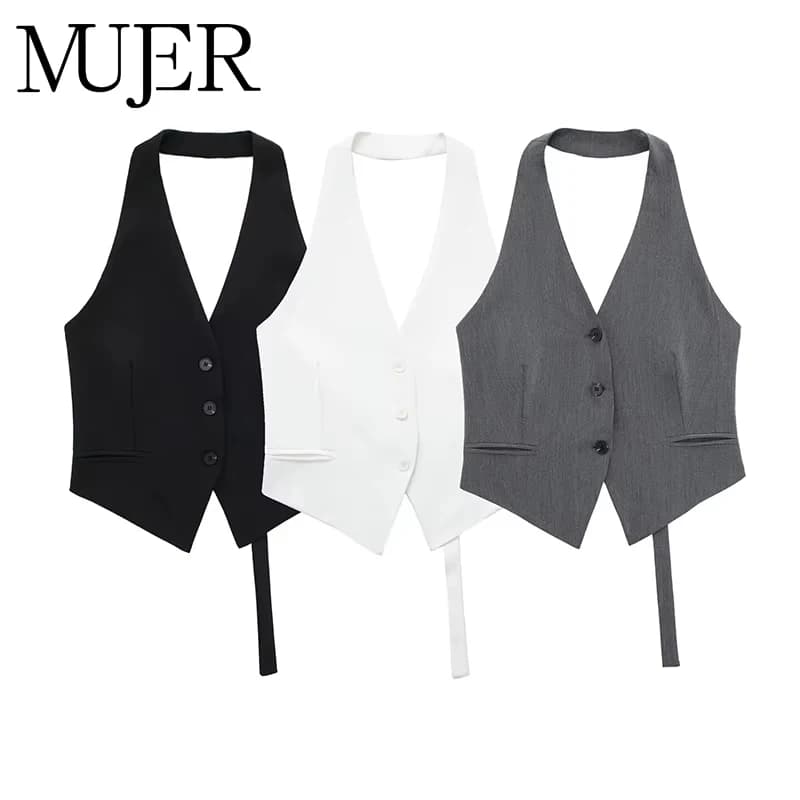 MUJER Off Shoulder Sleeveless Vest Women Black White Cropped Vest Woman Fashion Backless V Neck Short Coats Summer Waistcoat