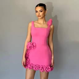 Hot Pink Party Dress Mini 3D Flowers Tank Square Collar Short Cocktail Gowns for Women Sheath Sleeveless Homecoming Dresses