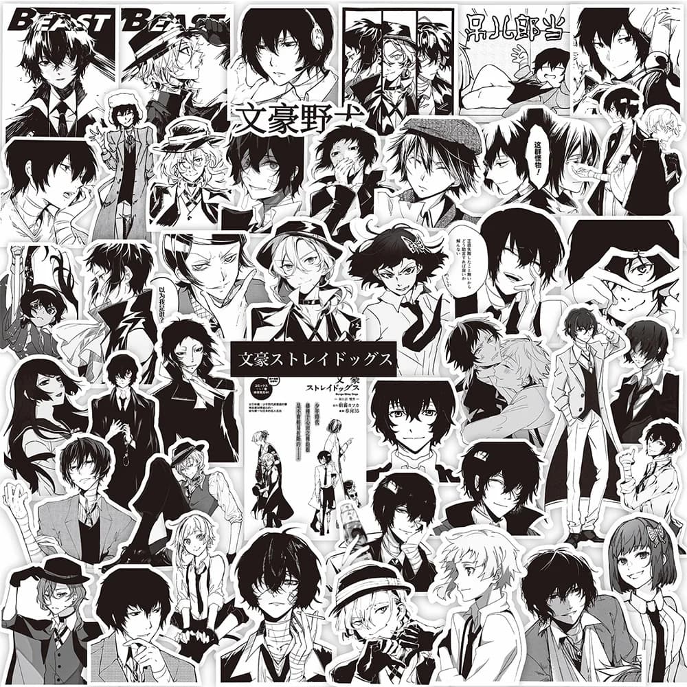 65pcs Black White Anime Bungo Stray Dogs Stickers Cartoon Retro Decals Motorcycle Laptop Car Cool Manga Sticker for Kids Toys