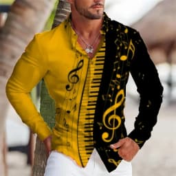 2025 Summer Men's Long Sleeves Shirt with Musical Instrument Symbol Pattern Printed Collar, Cardigan, Street Casual Shirt