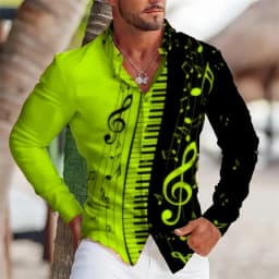 2025 Summer Men's Long Sleeves Shirt with Musical Instrument Symbol Pattern Printed Collar, Cardigan, Street Casual Shirt