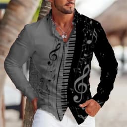 2025 Summer Men's Long Sleeves Shirt with Musical Instrument Symbol Pattern Printed Collar, Cardigan, Street Casual Shirt