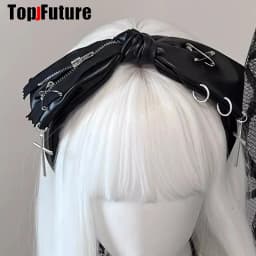 Gothic Bow Leather Harajuku Punk Zipper Pin Headbands Women Subculture Streewear Hair Band Y2K Girl Headdress Hair Accessories