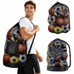 Large Mesh Ball Bag Drawstring Bag for Storage Soccer Basketball Volleyball Training Bags Black Sports Bag with Shoulder Straps