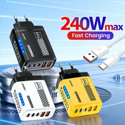 240W GaN 5 Port Fast Charging Station 3PD 2USB Charger For iPhone 17 16 15 Pro Samsung Xiaomi EU US Plug Wall Adapter with Cable