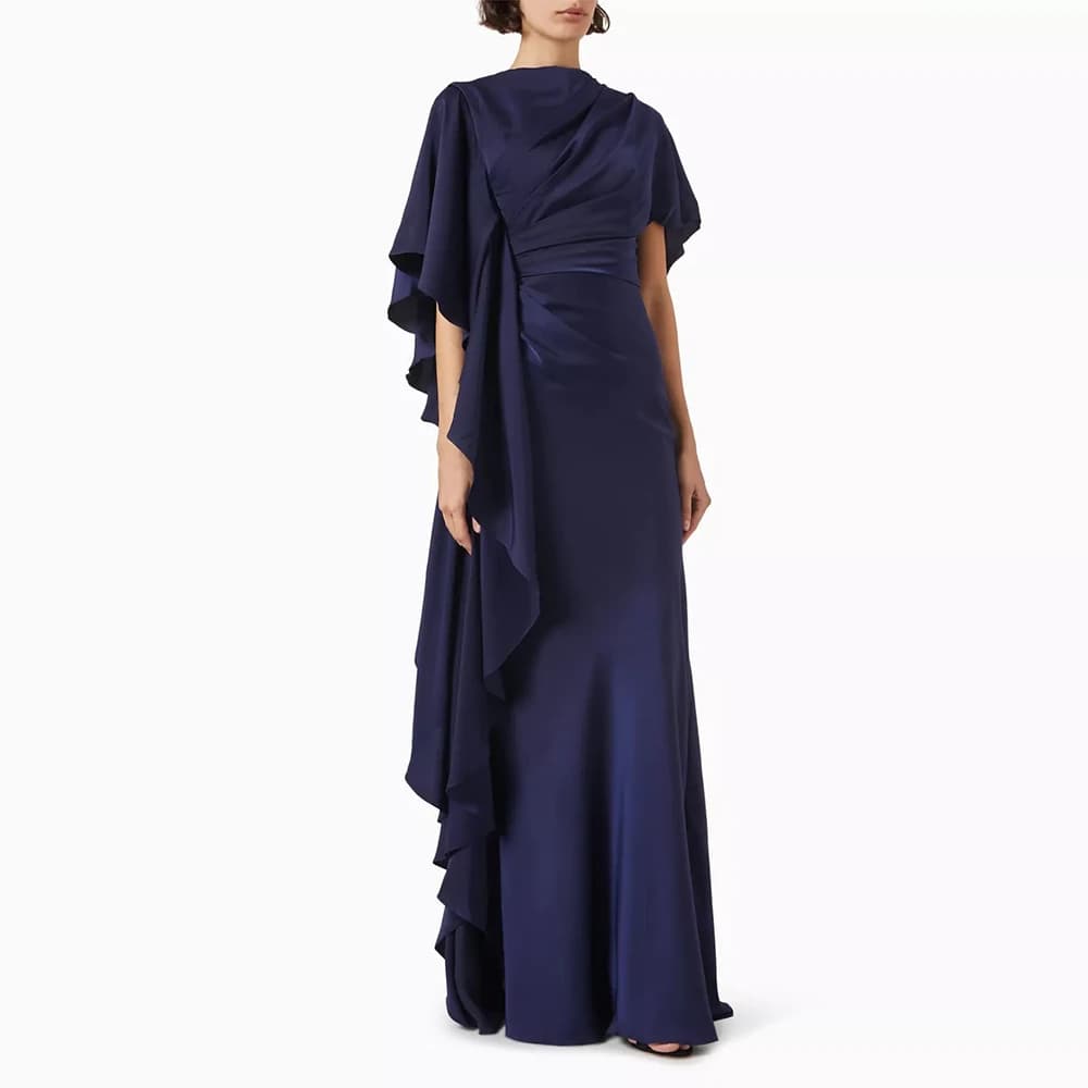 Elegant Evening Dress Navy Blue Satin Pleat Ruffles Women's Evening Gowns Mermaid O Neck Trumpet 2024 Wedding Guest Dresses Long