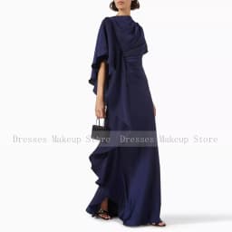 Elegant Evening Dress Navy Blue Satin Pleat Ruffles Women's Evening Gowns Mermaid O Neck Trumpet 2024 Wedding Guest Dresses Long