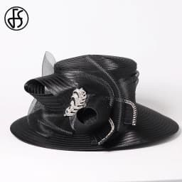 FS Luxury Wedding Bridal Party Hats For Women Bow Bowler Hat Elegant Satin Cloth Wide Brim Flat Top Sun Visor Cap Female Hat