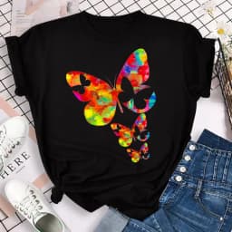 New Blue Butterfly Floral Printed T-Shirt Women's Summer Casual Short Sleeve O-neck Tops 90s Fashion Graphic Female Tops Tees