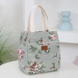 New Canvas Flower Printed Fabric Handbag, Work Portable Multi-Pocket Zipper Semi-Closed Daily Clutter Storage Bag, Bento Bag