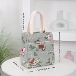 New Canvas Flower Printed Fabric Handbag, Work Portable Multi-Pocket Zipper Semi-Closed Daily Clutter Storage Bag, Bento Bag
