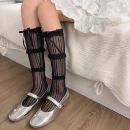 Women's Summer Spring Bow Lace Breathable Socks Black Sexy Stocking Sweet Style Lolita Knee High Socks Girls Gift Medias Kawaii