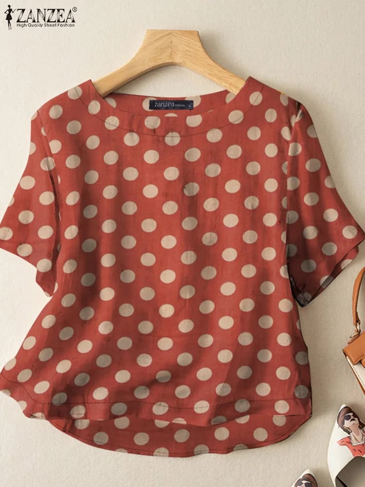 ZANZEA Casual Loose Polka Dot Blouses Women 2024 Summer Half Sleeve O Neck Blusas Mujer Holiday Fashion Everyday Shirt Tops